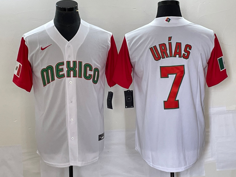 Men's Mexico Baseball #7 Julio Urías 2023 White Red World Baseball With Patch Classic Stitched Jersey Men's Mexico Baseball #7 Julio Urías 2023 White Red World Baseball With Patch Classic Stitched Jersey
